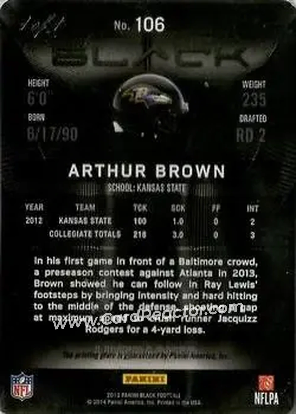 2013 Panini Black - Printing Plates Black #106 - Arthur Brown - Baltimore Ravens - Back 2013 Panini Black - Printing Plates Black #106 - Arthur Brown - Baltimore Ravens - Back