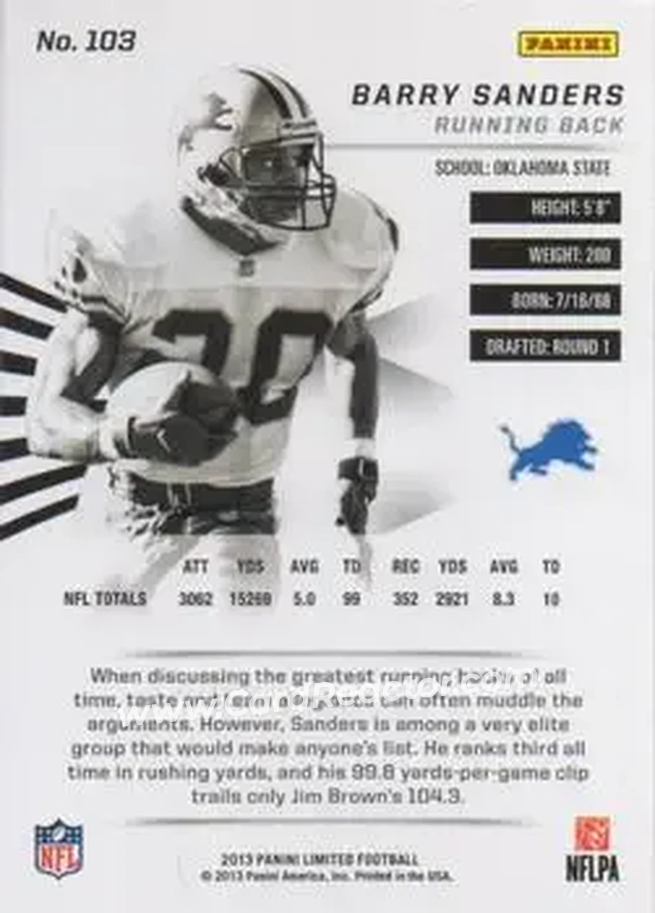 2013 Panini Limited #103 - Barry Sanders - Detroit Lions - Back