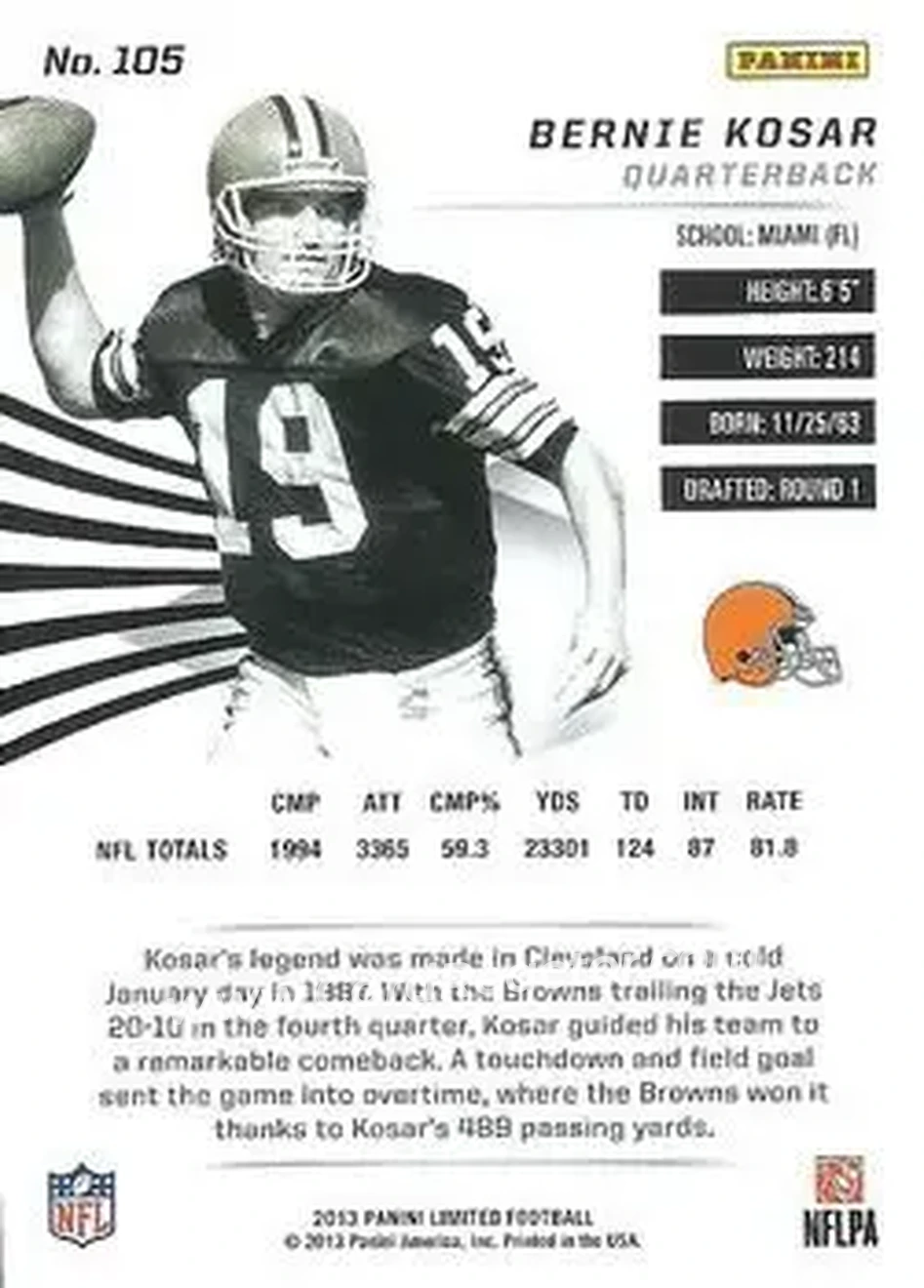 2013 Panini Limited #105 - Bernie Kosar - Cleveland Browns - Back