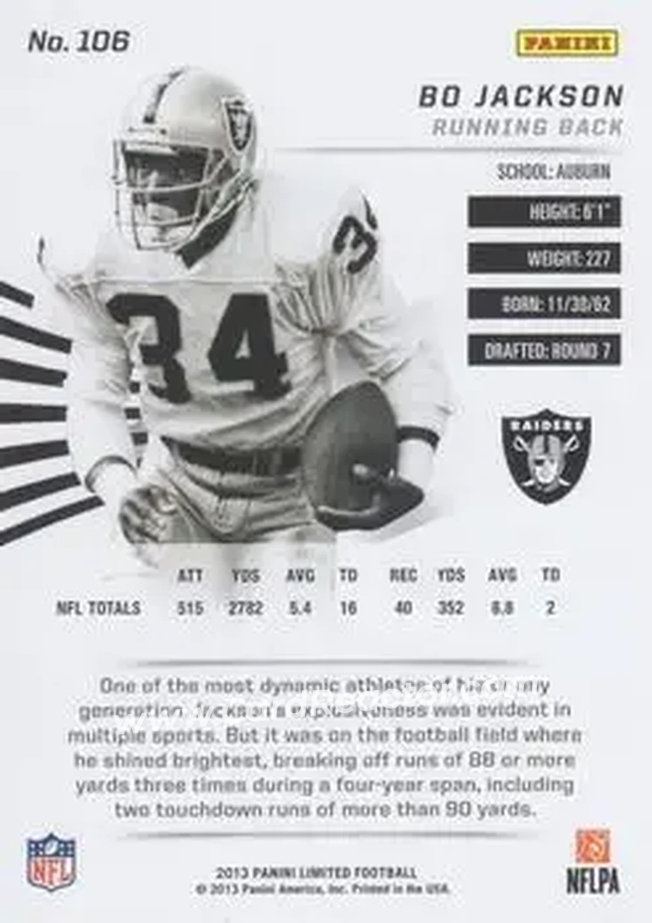 2013 Panini Limited #106 - Bo Jackson - Los Angeles Raiders - Back 2013 Panini Limited #106 - Bo Jackson - Los Angeles Raiders - Back