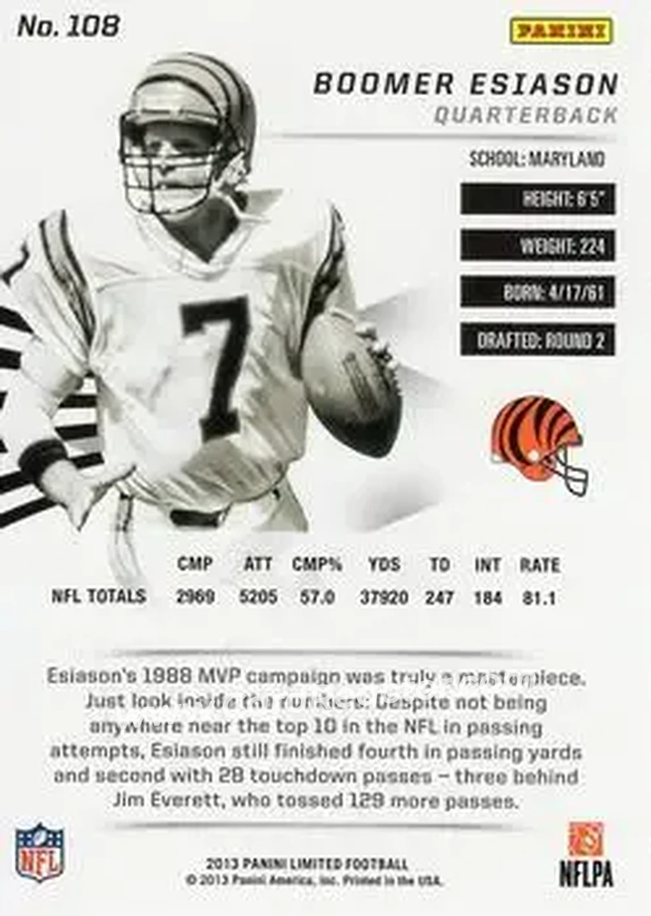 2013 Panini Limited #108 - Boomer Esiason - Cincinnati Bengals - Back 2013 Panini Limited #108 - Boomer Esiason - Cincinnati Bengals - Back