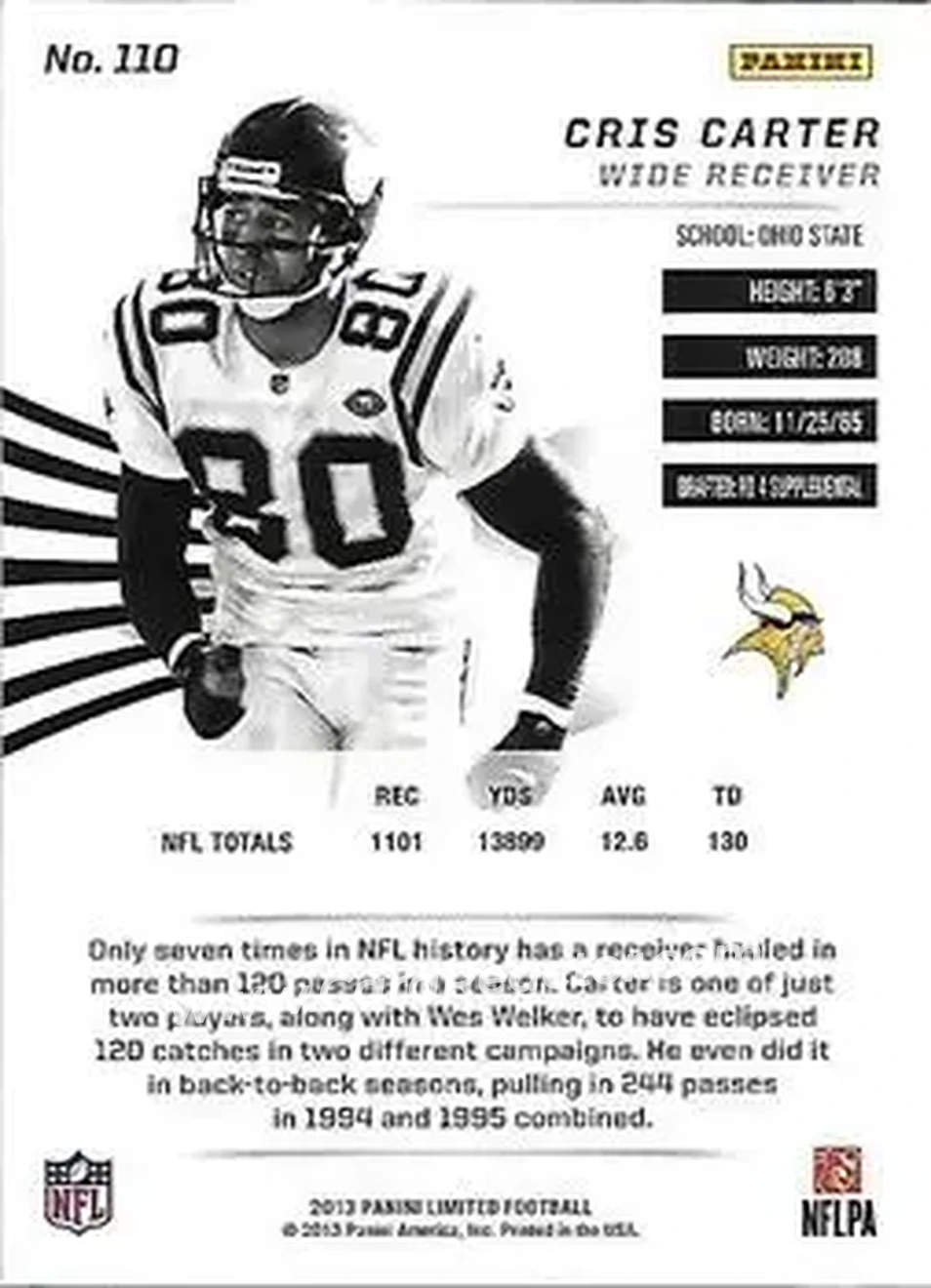 2013 Panini Limited #110 - Cris Carter - Minnesota Vikings - Back