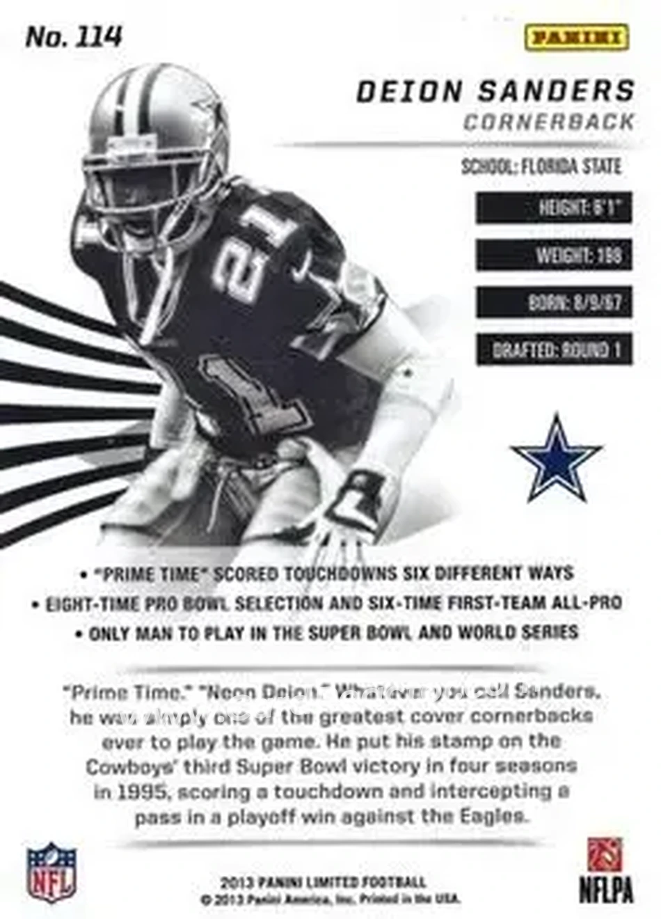 2013 Panini Limited #114 - Deion Sanders - Dallas Cowboys - Back