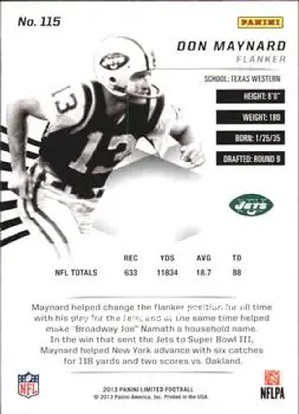 2013 Panini Limited #115 - Don Maynard - New York Jets - Back