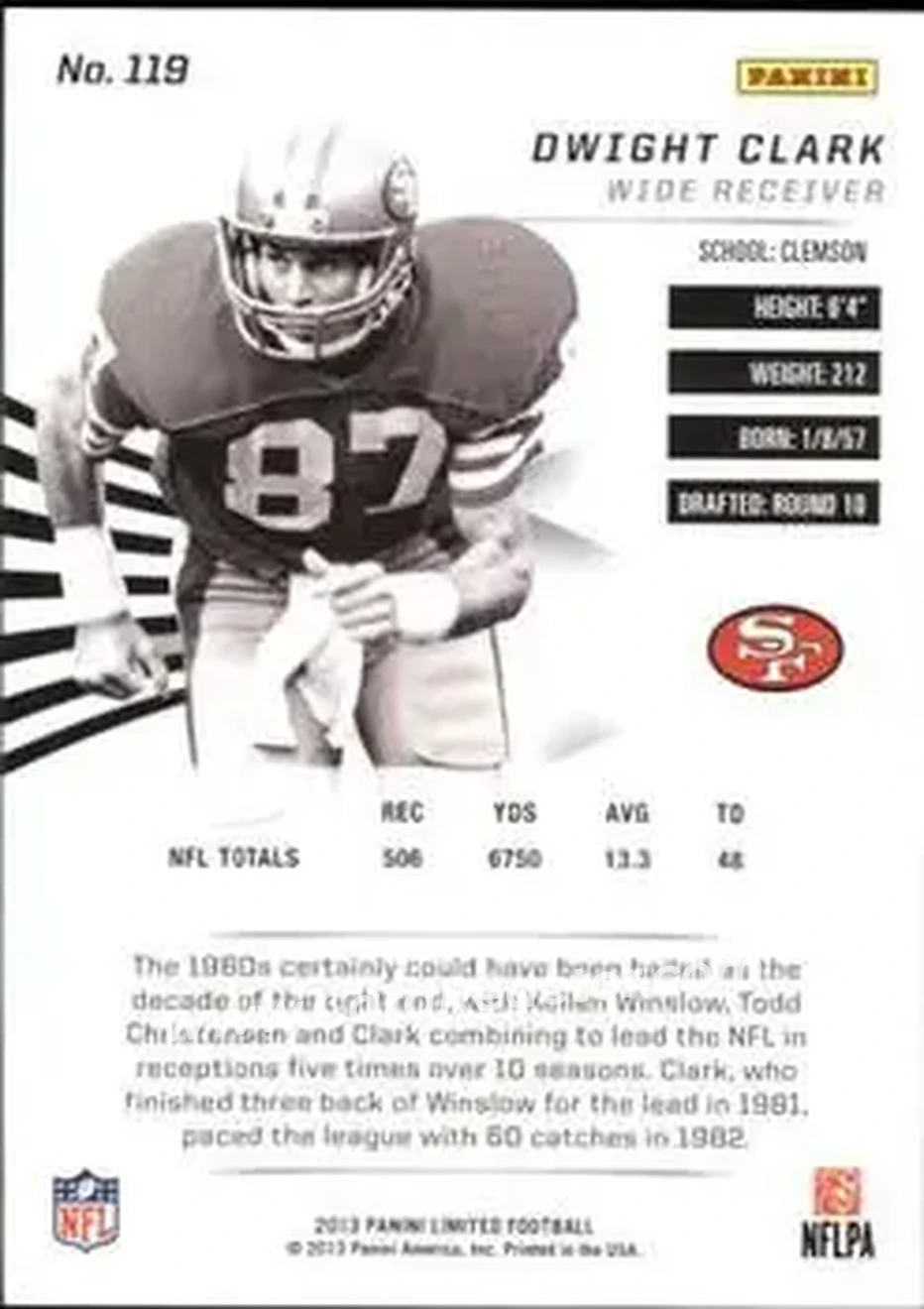 2013 Panini Limited #119 - Dwight Clark - San Francisco 49ers - Back