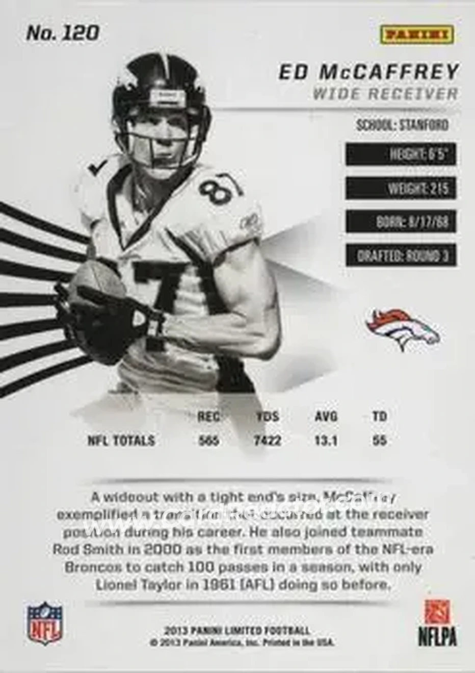 2013 Panini Limited #120 - Ed McCaffrey - Denver Broncos - Back