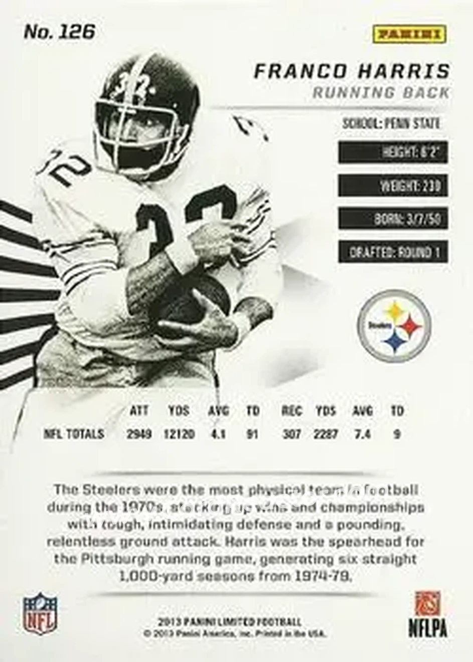 2013 Panini Limited #126 - Franco Harris - Pittsburgh Steelers - Back