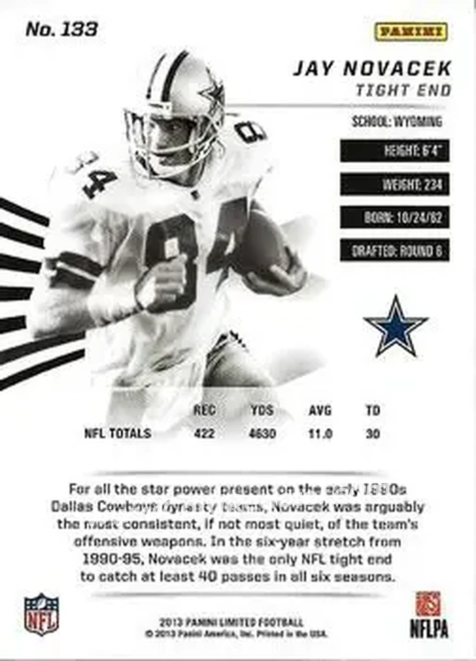 2013 Panini Limited #133 - Jay Novacek - Dallas Cowboys - Back