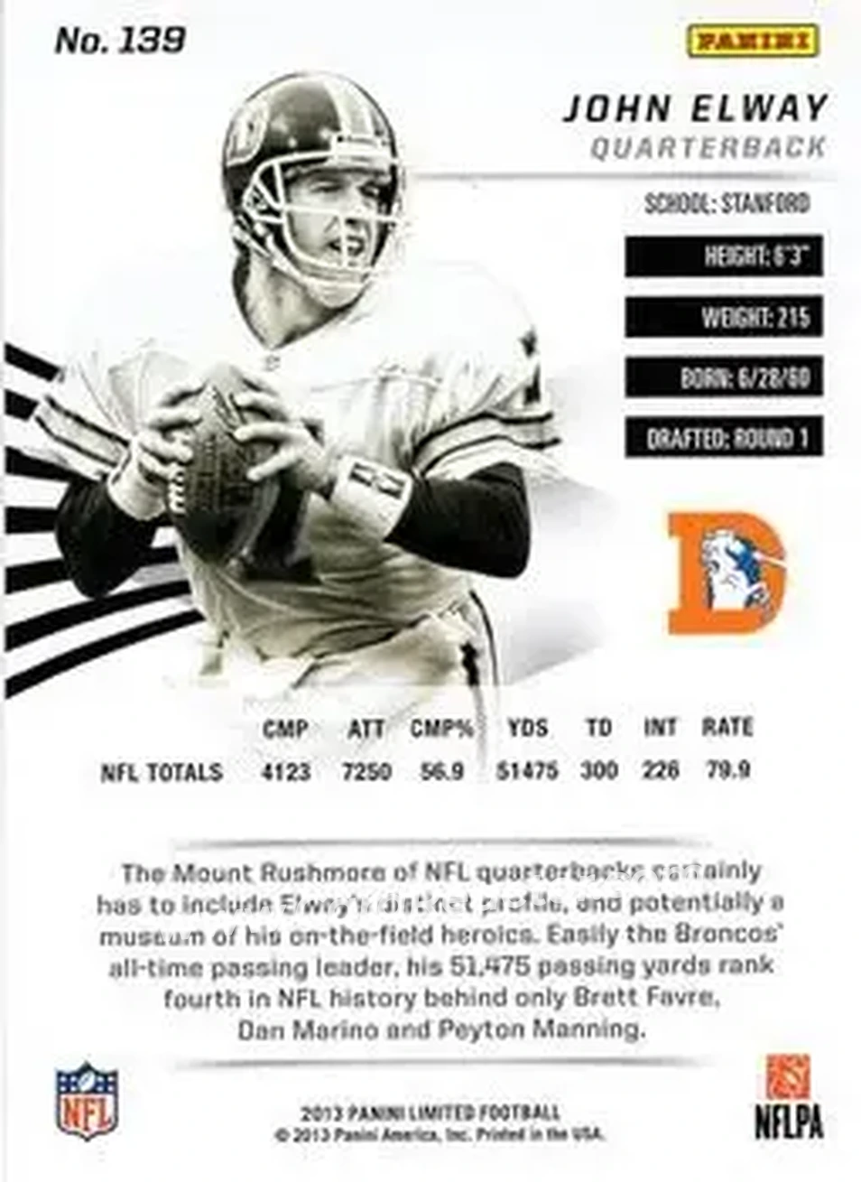 2013 Panini Limited #139 - John Elway - Denver Broncos - Back