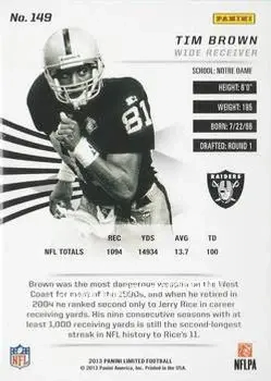 2013 Panini Limited #149 - Tim Brown - Oakland Raiders - Back