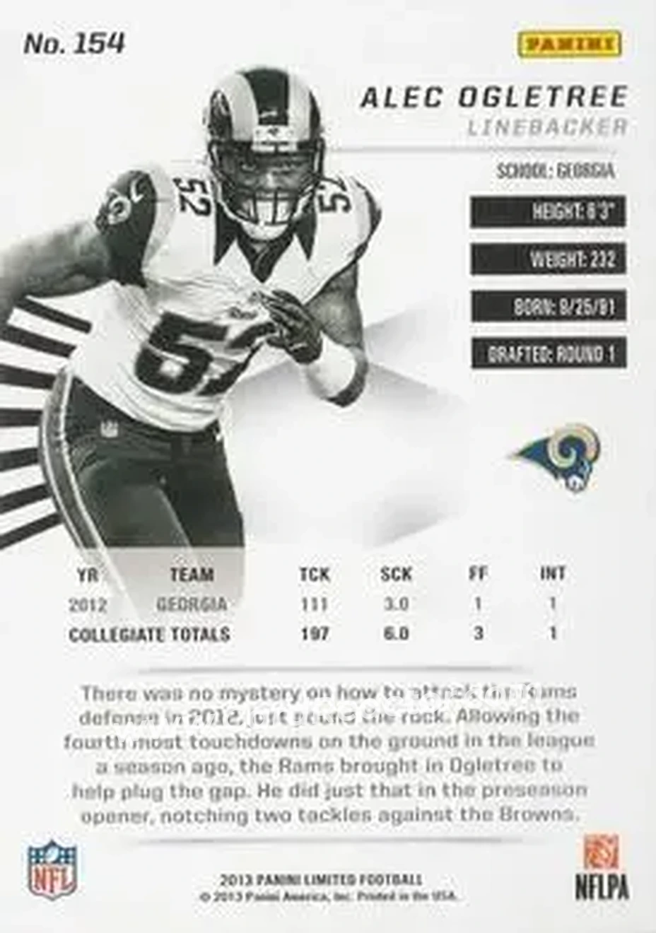 2013 Panini Limited #154 - Alec Ogletree - St. Louis Rams - Back