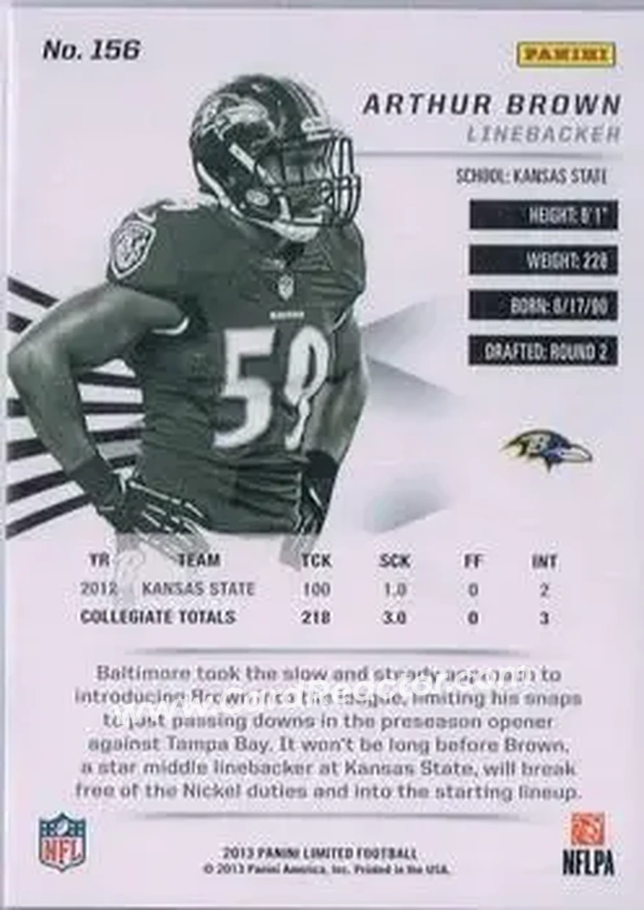 2013 Panini Limited #156 - Arthur Brown - Baltimore Ravens - Back 2013 Panini Limited #156 - Arthur Brown - Baltimore Ravens - Back