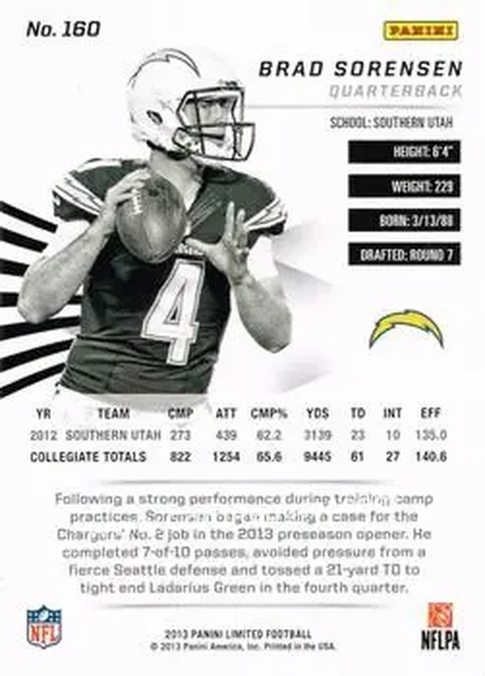 2013 Panini Limited #160 - Brad Sorensen - San Diego Chargers - Back