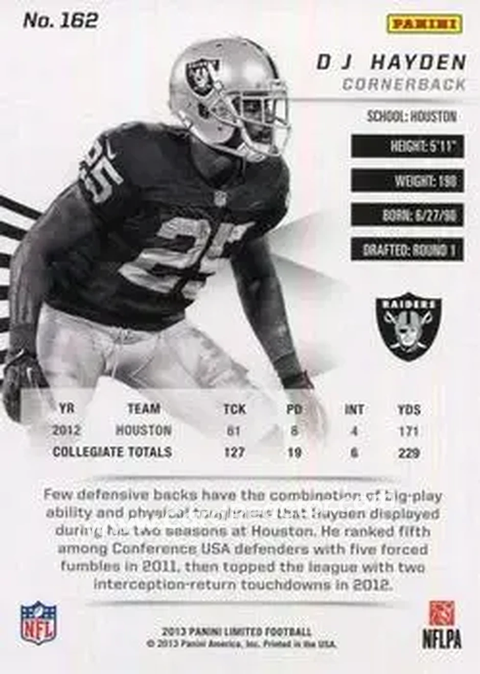 2013 Panini Limited #162 - D.J. Hayden - Oakland Raiders - Back