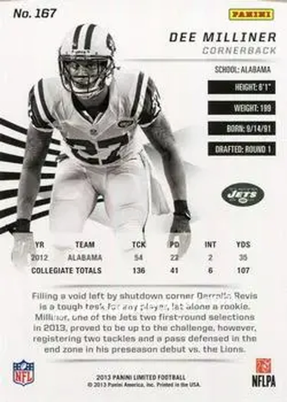 2013 Panini Limited #167 - Dee Milliner - New York Jets - Back 2013 Panini Limited #167 - Dee Milliner - New York Jets - Back