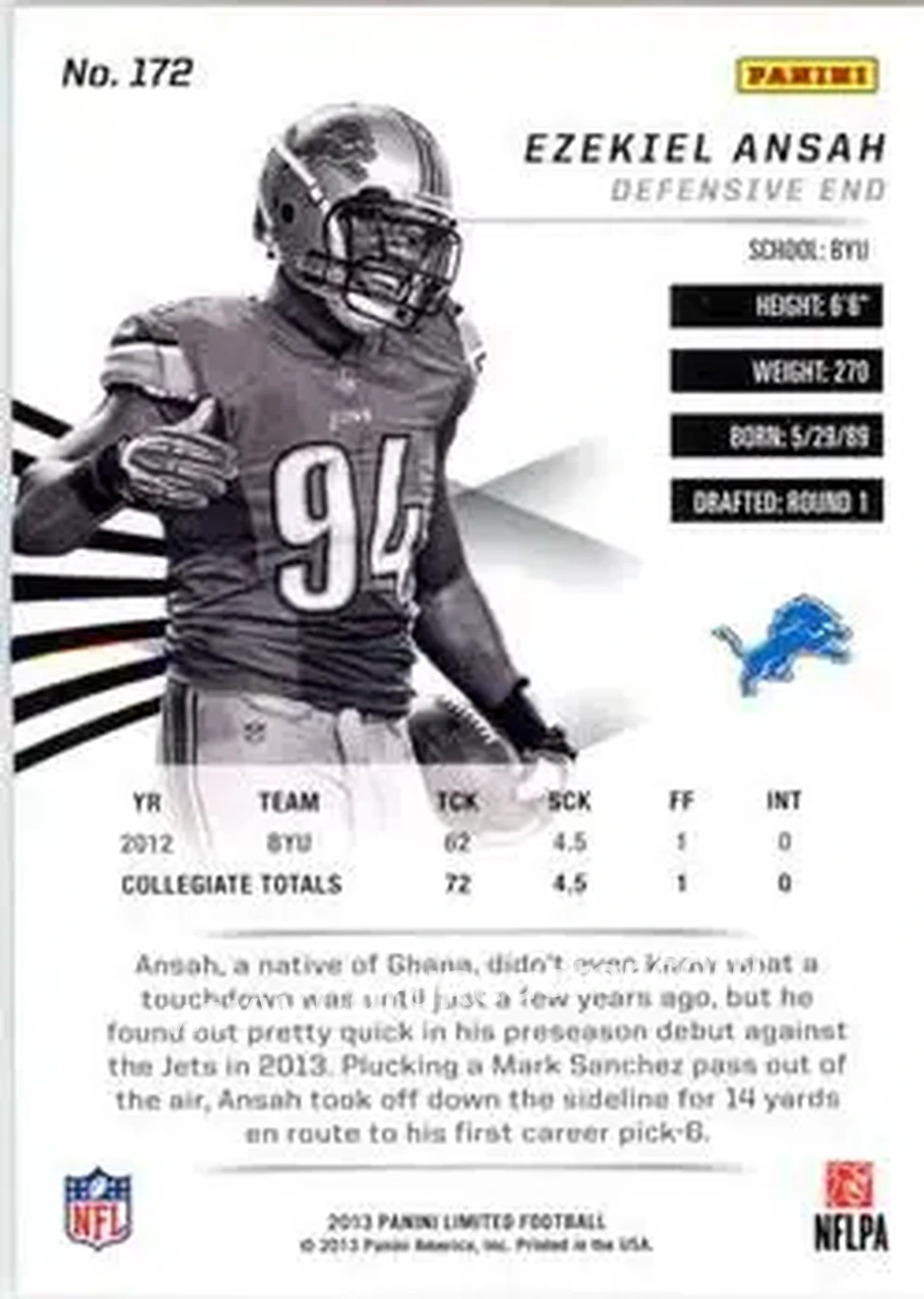 2013 Panini Limited #172 - Ezekiel Ansah - Detroit Lions - Back