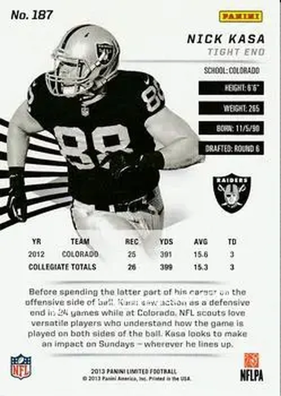 2013 Panini Limited #187 - Nick Kasa - Oakland Raiders - Back