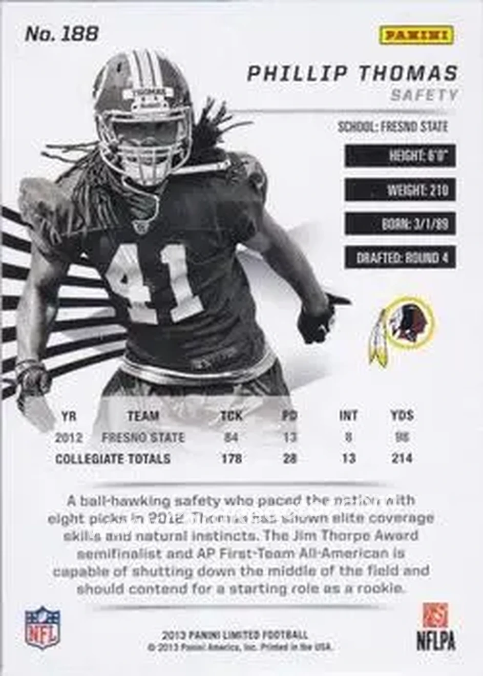 2013 Panini Limited #188 - Phillip Thomas - Washington Redskins - Back