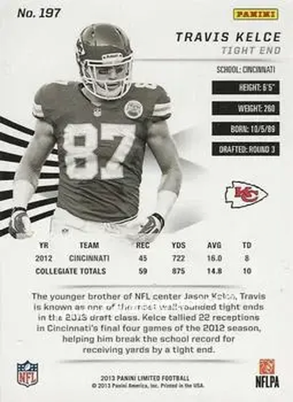 2013 Panini Limited #197 - Travis Kelce - Kansas City Chiefs - Back