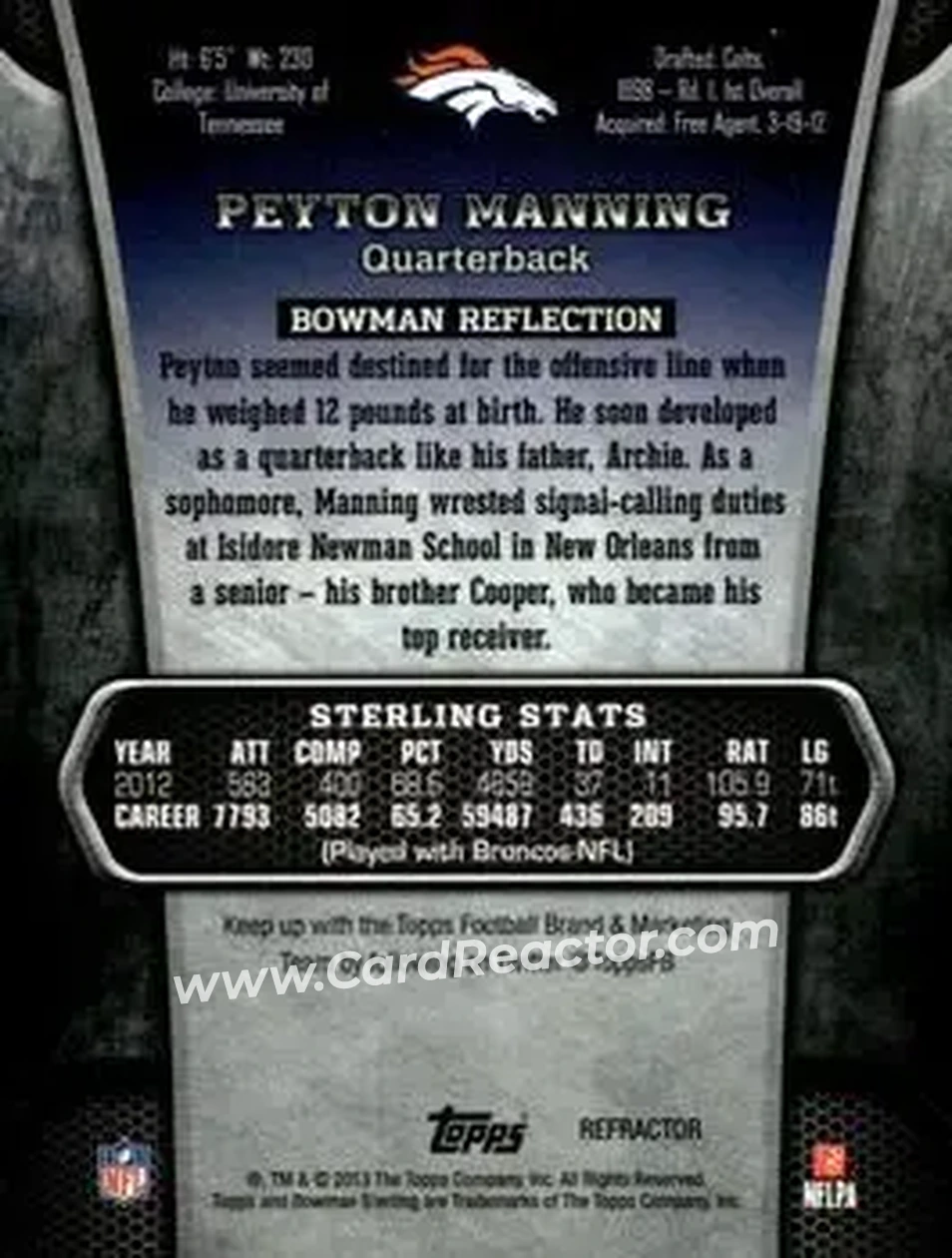 2013 Bowman Sterling - Blue Refractors #1 - Peyton Manning - Denver Broncos - Back 2013 Bowman Sterling - Blue Refractors #1 - Peyton Manning - Denver Broncos - Back