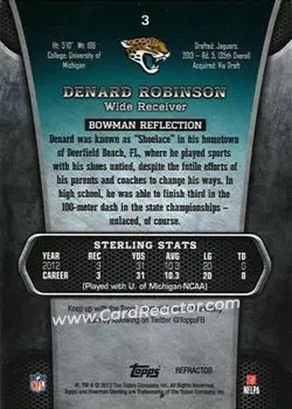 2013 Bowman Sterling - Blue Refractors #3 - Denard "Shoelace" Robinson - Jacksonville Jaguars - Back 2013 Bowman Sterling - Blue Refractors #3 - Denard "Shoelace" Robinson - Jacksonville Jaguars - Back