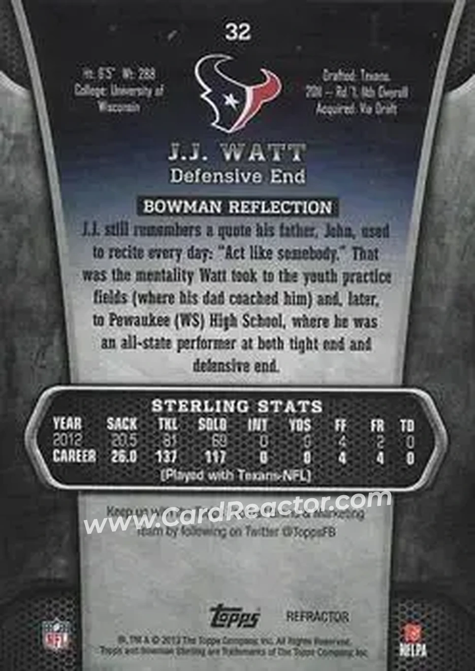 2013 Bowman Sterling - Blue Refractors #32 - J.J. Watt - Houston Texans - Back