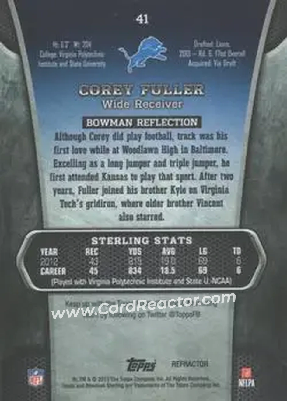 2013 Bowman Sterling - Blue Refractors #41 - Corey Fuller - Detroit Lions - Back