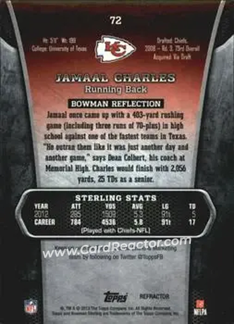 2013 Bowman Sterling - Blue Refractors #72 - Jamaal Charles - Kansas City Chiefs - Back
