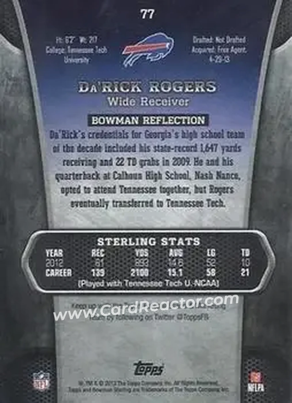 2013 Bowman Sterling - Blue Refractors #77 - Da'Rick Rogers - Buffalo Bills - Back