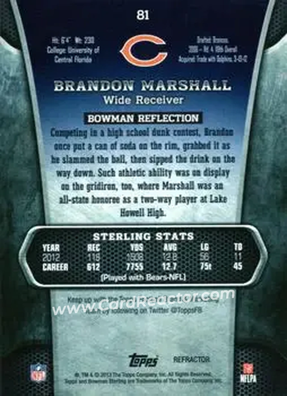 2013 Bowman Sterling - Gold Refractors #81 - Brandon Marshall - Chicago Bears - Back