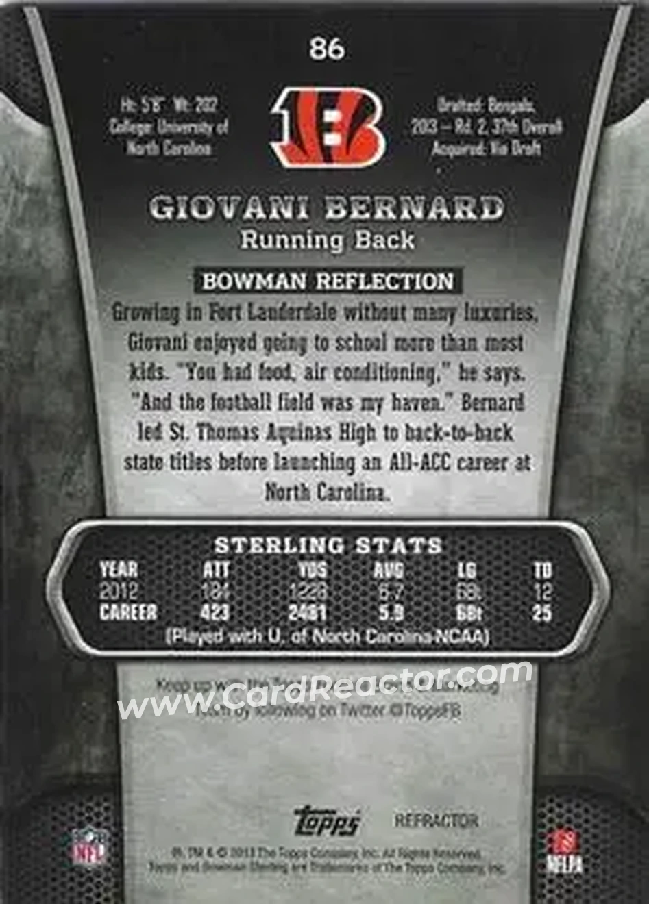2013 Bowman Sterling - Gold Refractors #86 - Giovani Bernard - Cincinnati Bengals - Back 2013 Bowman Sterling - Gold Refractors #86 - Giovani Bernard - Cincinnati Bengals - Back