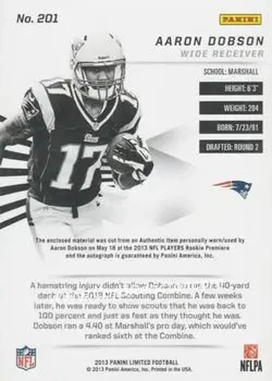 2013 Panini Limited #201 - Aaron Dobson - New England Patriots - Back