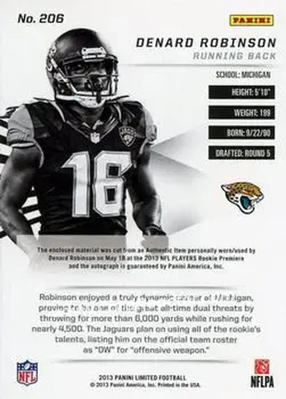 2013 Panini Limited #206 - Denard "Shoelace" Robinson - Jacksonville Jaguars - Back 2013 Panini Limited #206 - Denard "Shoelace" Robinson - Jacksonville Jaguars - Back