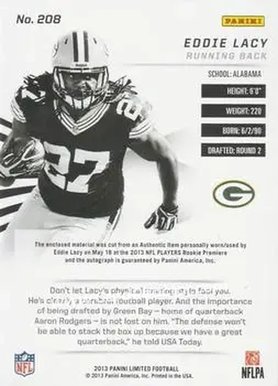 2013 Panini Limited #208 - Eddie Lacy - Green Bay Packers - Back 2013 Panini Limited #208 - Eddie Lacy - Green Bay Packers - Back