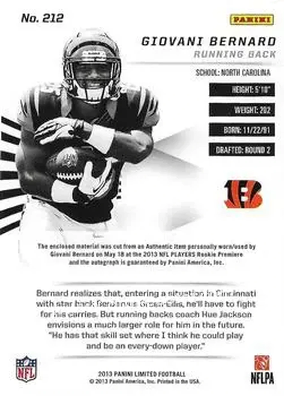 2013 Panini Limited #212 - Giovani Bernard - Cincinnati Bengals - Back