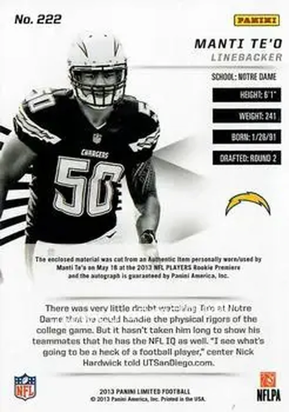 2013 Panini Limited #222 - Manti Te'o - San Diego Chargers - Back 2013 Panini Limited #222 - Manti Te'o - San Diego Chargers - Back
