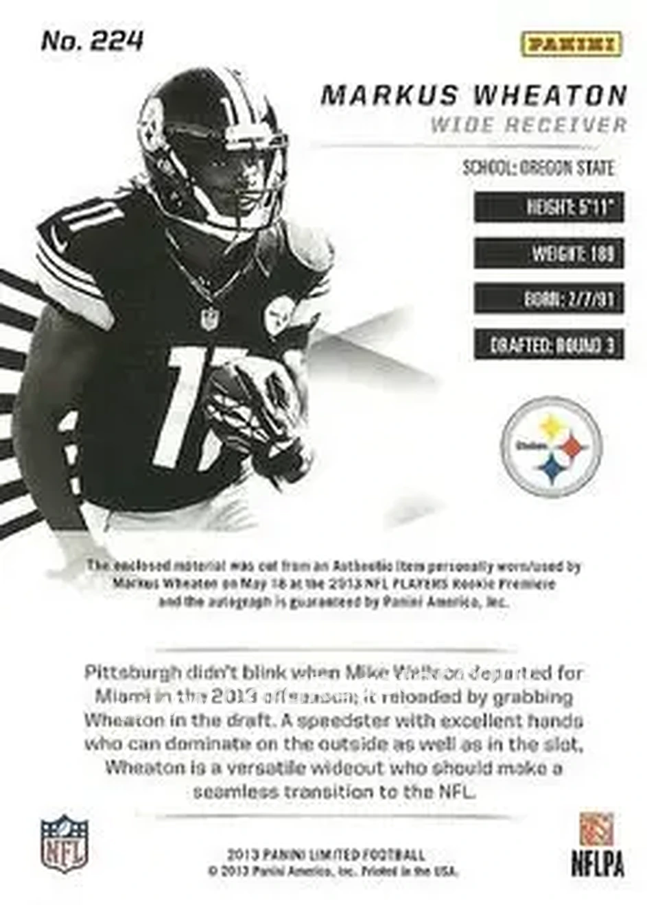 2013 Panini Limited #224 - Markus Wheaton - Pittsburgh Steelers - Back