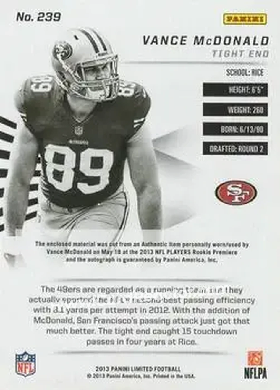 2013 Panini Limited #239 - Vance McDonald - San Francisco 49ers - Back