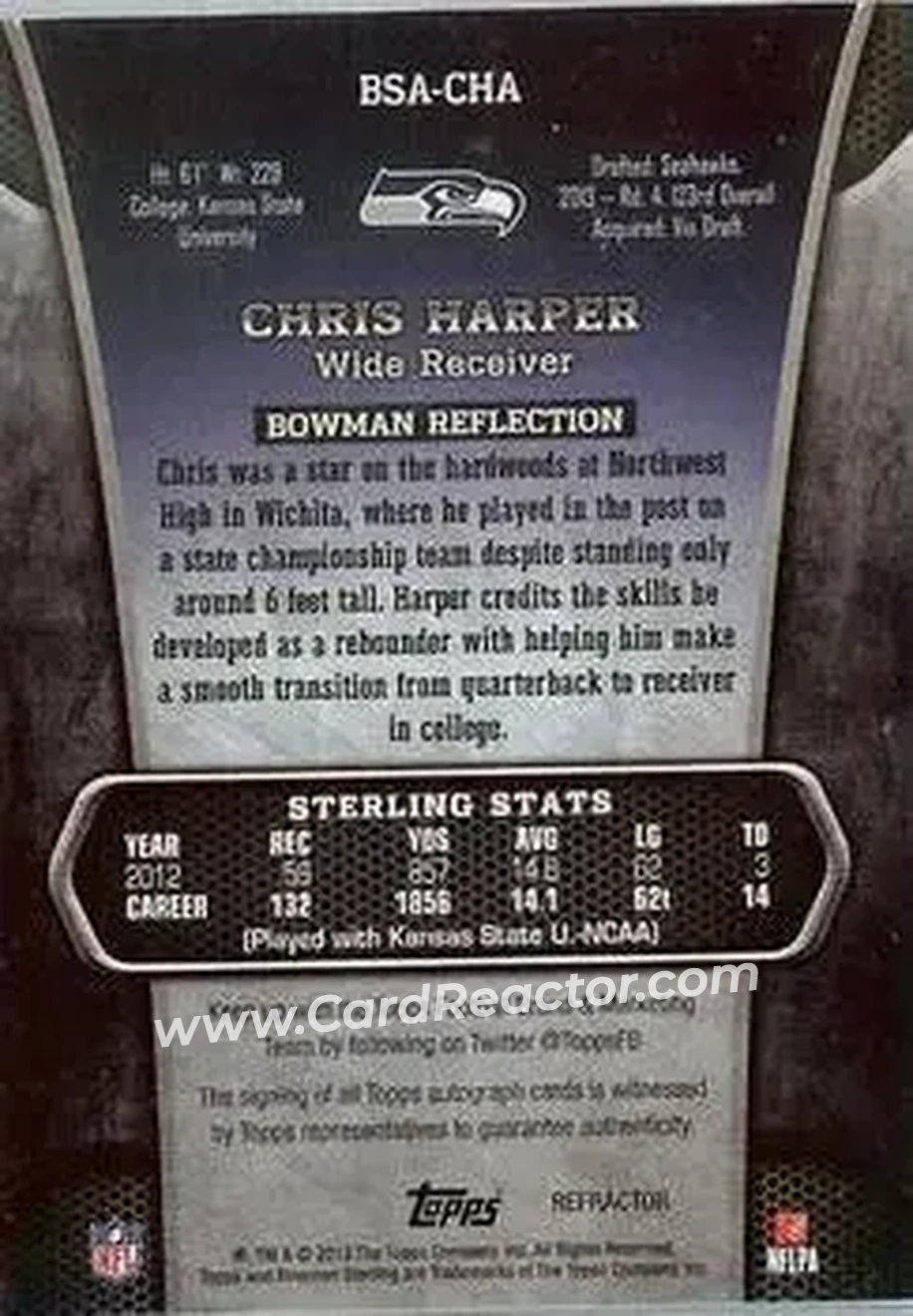 2013 Bowman Sterling - Autographs Black Refractors #BSA-CHA - Chris Harper - Seattle Seahawks - Back