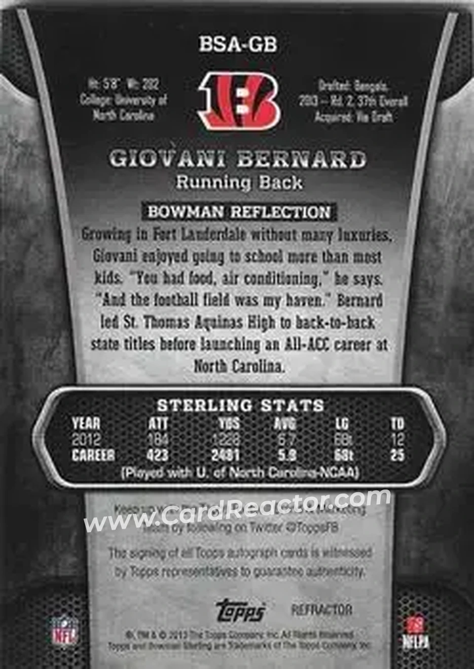 2013 Bowman Sterling - Autographs Black Refractors #BSA-GB - Giovani Bernard - Cincinnati Bengals - Back 2013 Bowman Sterling - Autographs Black Refractors #BSA-GB - Giovani Bernard - Cincinnati Bengals - Back
