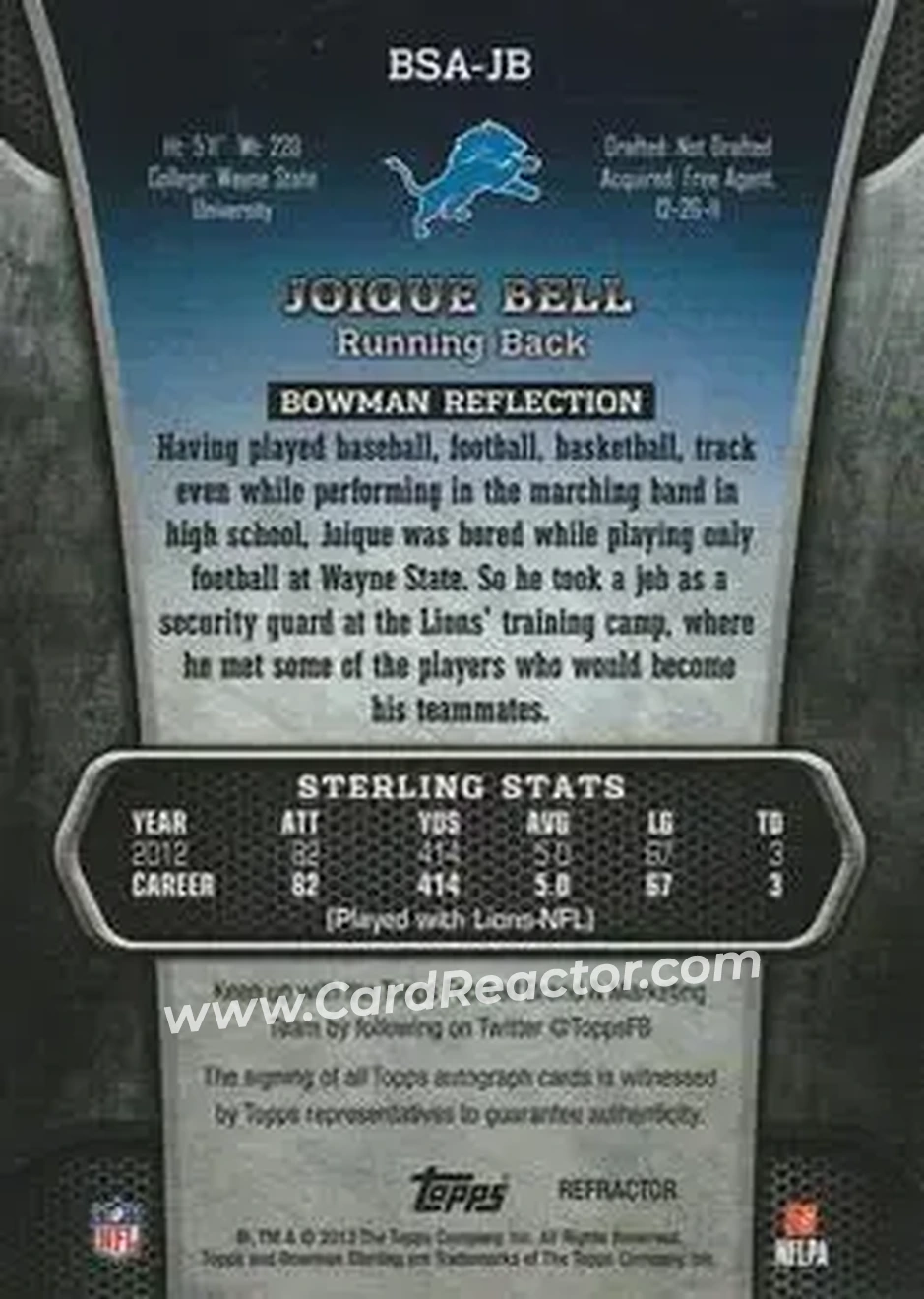 2013 Bowman Sterling - Autographs Black Refractors #BSA-JB - Joique Bell - Detroit Lions - Back 2013 Bowman Sterling - Autographs Black Refractors #BSA-JB - Joique Bell - Detroit Lions - Back