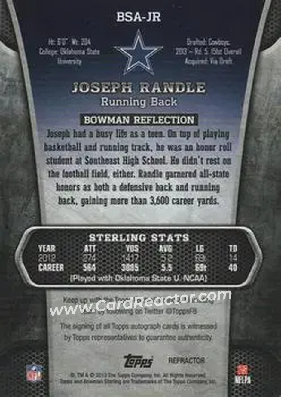 2013 Bowman Sterling - Autographs Black Refractors #BSA-JR - Joseph Randle - Dallas Cowboys - Back