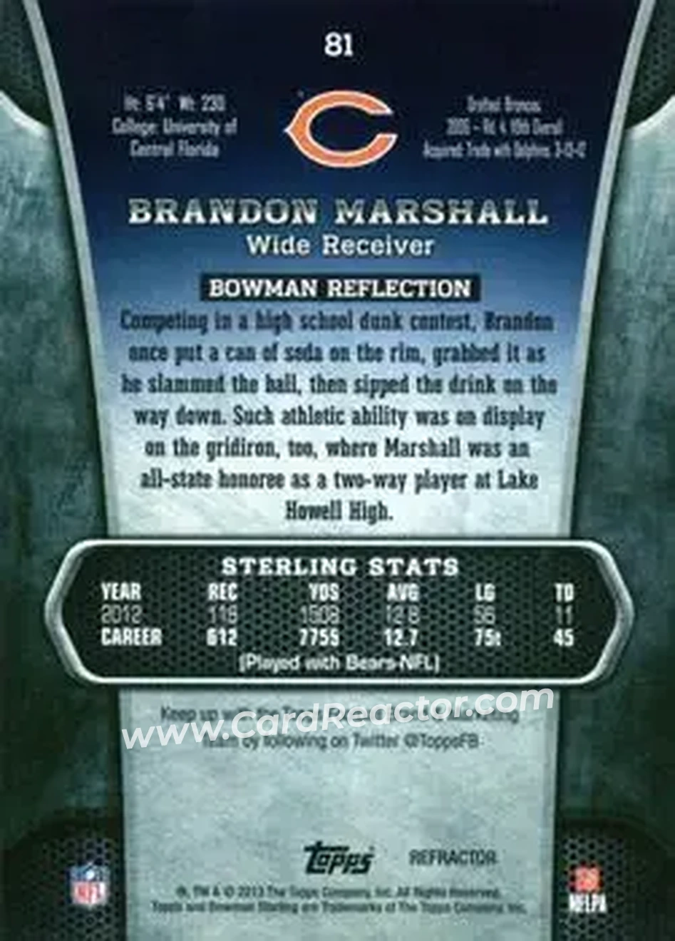 2013 Bowman Sterling - Blue Refractors #81 - Brandon Marshall - Chicago Bears - Back