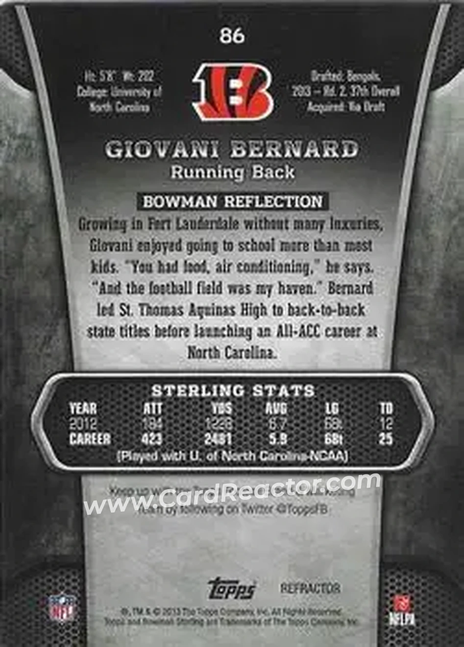 2013 Bowman Sterling - Blue Refractors #86 - Giovani Bernard - Cincinnati Bengals - Back