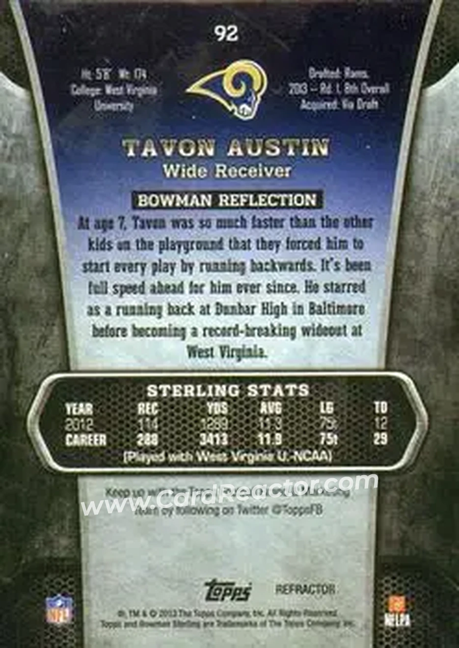 2013 Bowman Sterling - Blue Refractors #92 - Tavon Austin - St. Louis Rams - Back