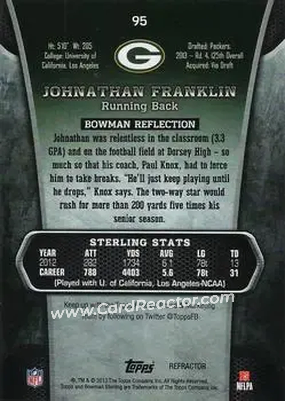 2013 Bowman Sterling - Blue Refractors #95 - Johnathan Franklin - Green Bay Packers - Back