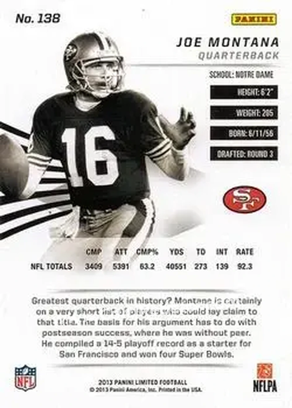 2013 Panini Limited - Gold Spotlight #138 - Joe Montana - San Francisco 49ers - Back
