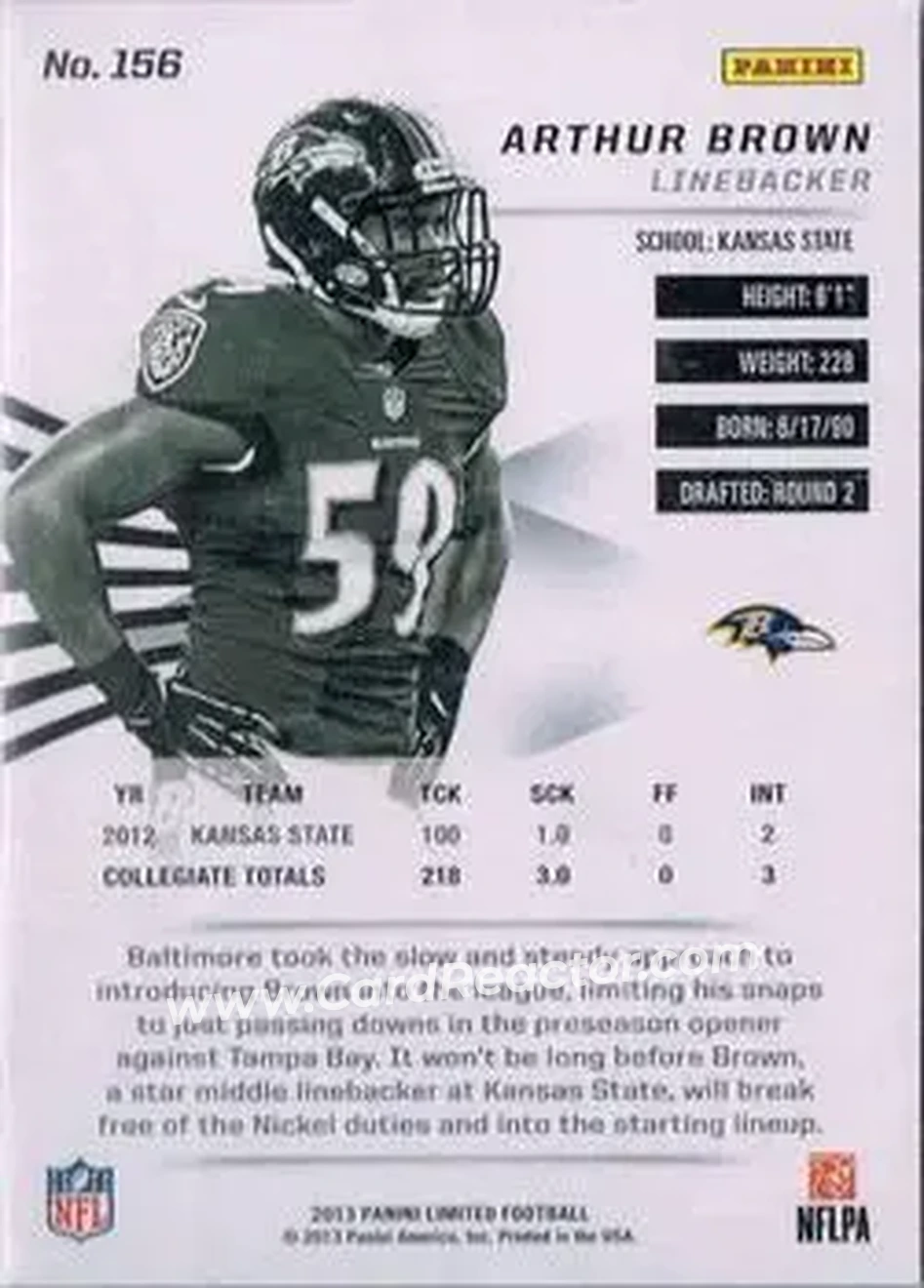 2013 Panini Limited - Gold Spotlight #156 - Arthur Brown - Baltimore Ravens - Back 2013 Panini Limited - Gold Spotlight #156 - Arthur Brown - Baltimore Ravens - Back