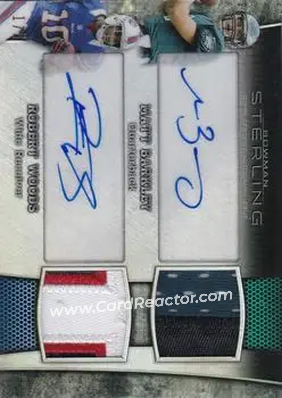 2013 Bowman Sterling - Dual Autographed Relic Patches #BSDAP-BW - Matt Barkley - Robert Woods AU, MEM, SN5 - Philadelphia Eagles - Buffalo Bills - Front 2013 Bowman Sterling - Dual Autographed Relic Patches #BSDAP-BW - Matt Barkley - Robert Woods AU, MEM, SN5 - Philadelphia Eagles - Buffalo Bills - Front