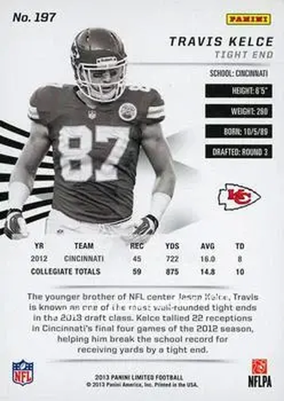 2013 Panini Limited - Gold Spotlight #197 - Travis Kelce - Kansas City Chiefs - Back 2013 Panini Limited - Gold Spotlight #197 - Travis Kelce - Kansas City Chiefs - Back